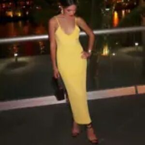 House of Harlow 1960 Ribbed Knit Yellow Slip‎ Bodycon Midi Dress Size Medium